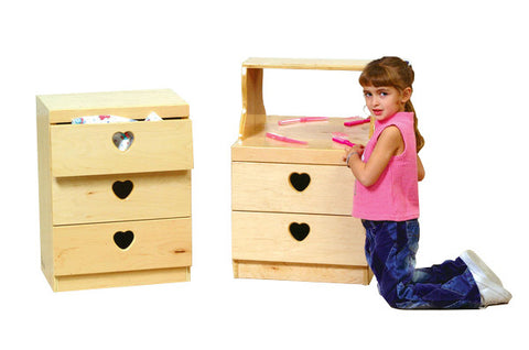 Shatterproof acrylic mirror for safety, the 2-drawer chest is great for storing your dramatic play items.
