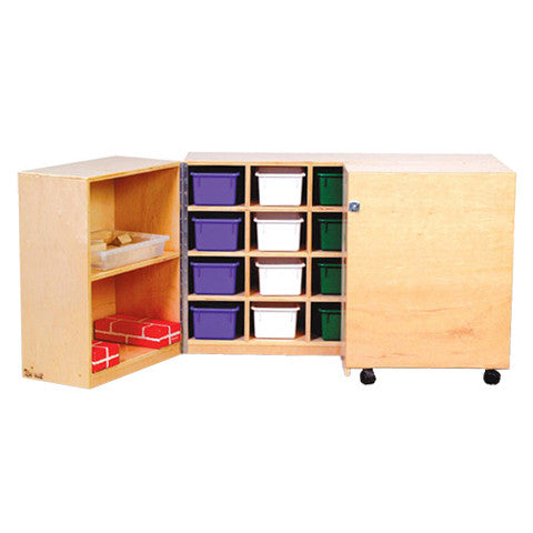 Two 2-tier storage shelves and a 20-hole cubby combined and on wheels for a perfect on-the-go storage.